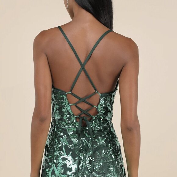NWT Lulus Divine Energy Emerald Sequin Lace-Up A-line Mini Dress - Picture 2 of 7